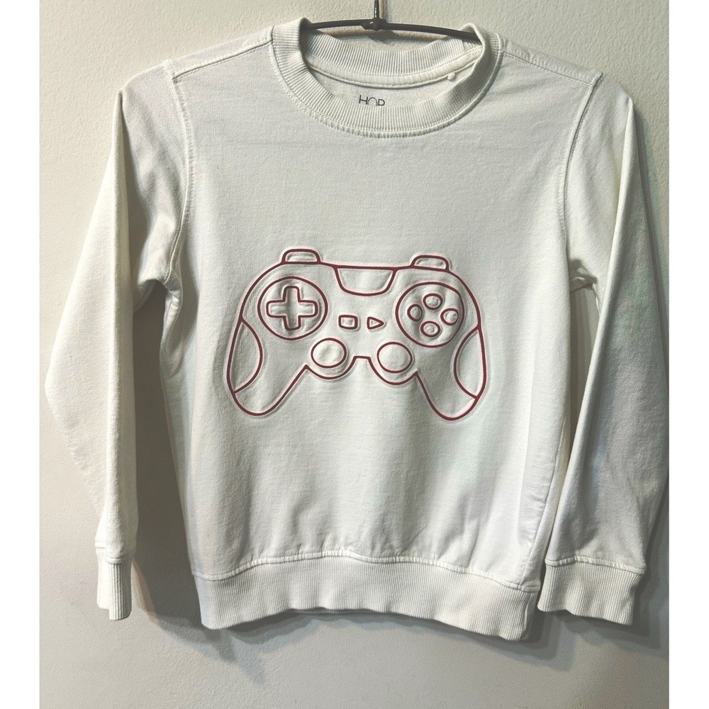 HOP Kids Boys White Gamer Sweatshirt 100% Cotton Video Game Controller Top 7-8Y